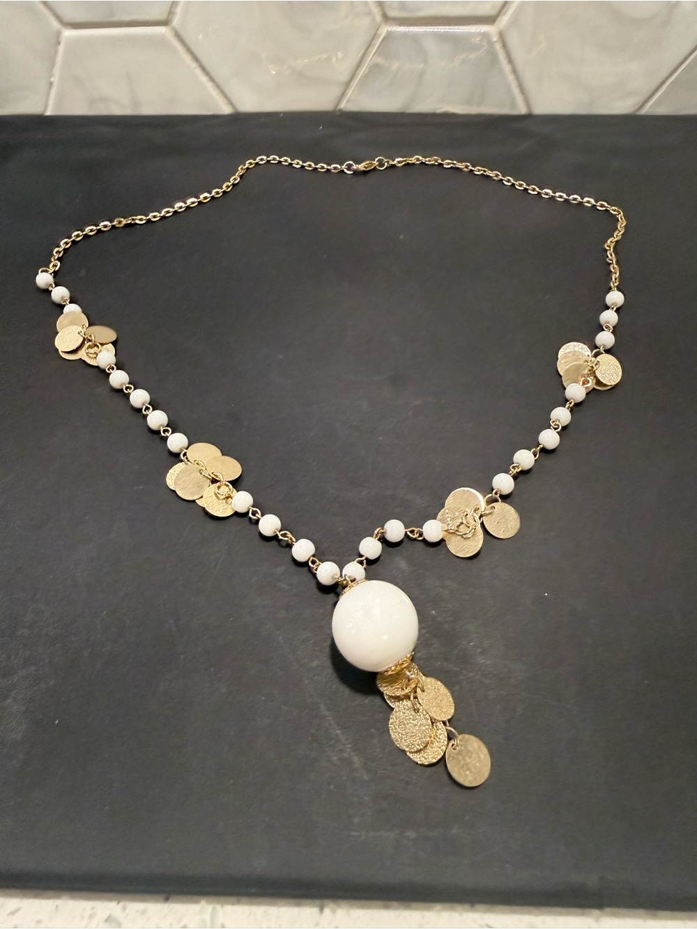 Hammered Gold Charms  & White Bead Y Statement Necklace 26 Inch Boho Charm